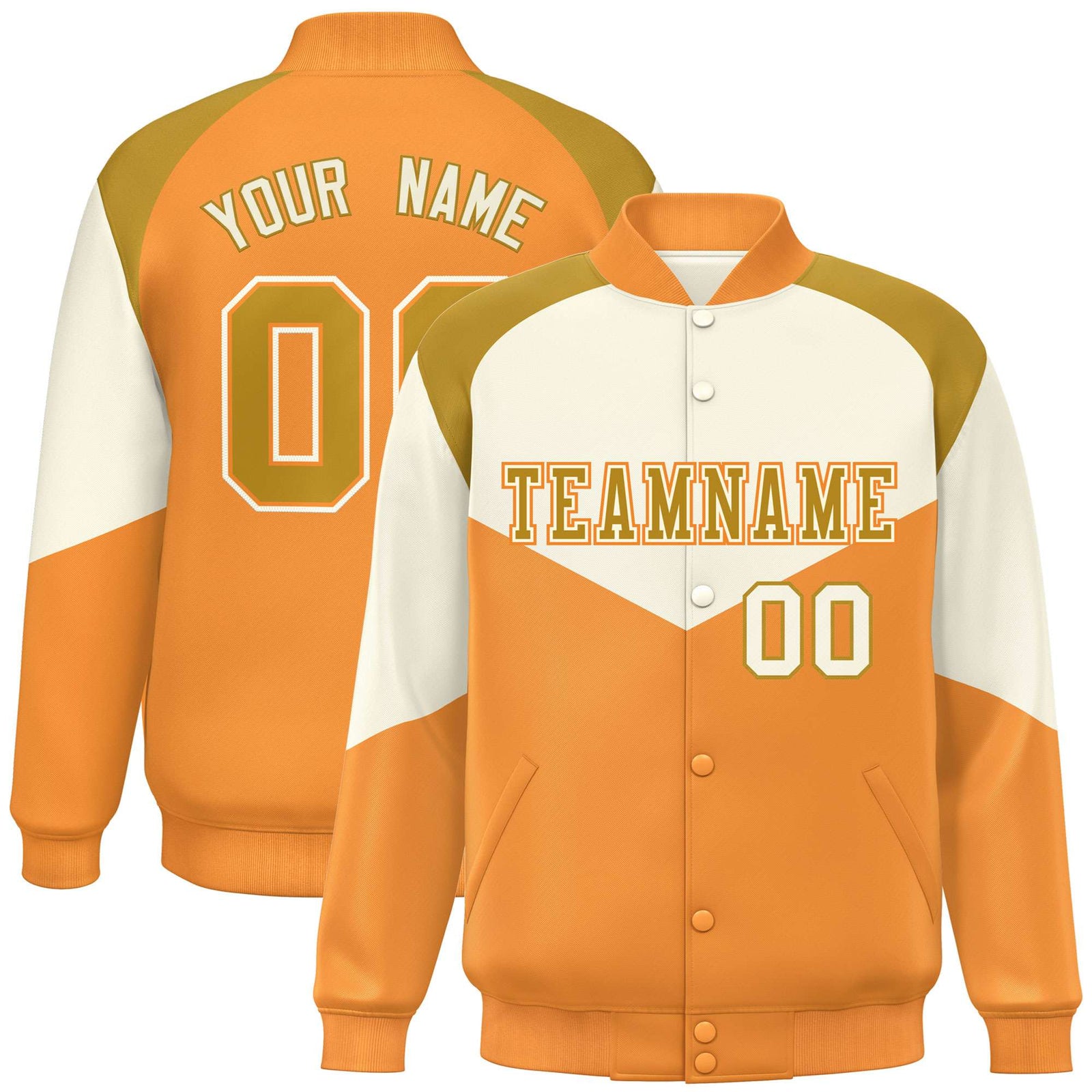 Custom Cream Yellow-Old Gold Varsity Full-Snap Color Block Letterman Jacket