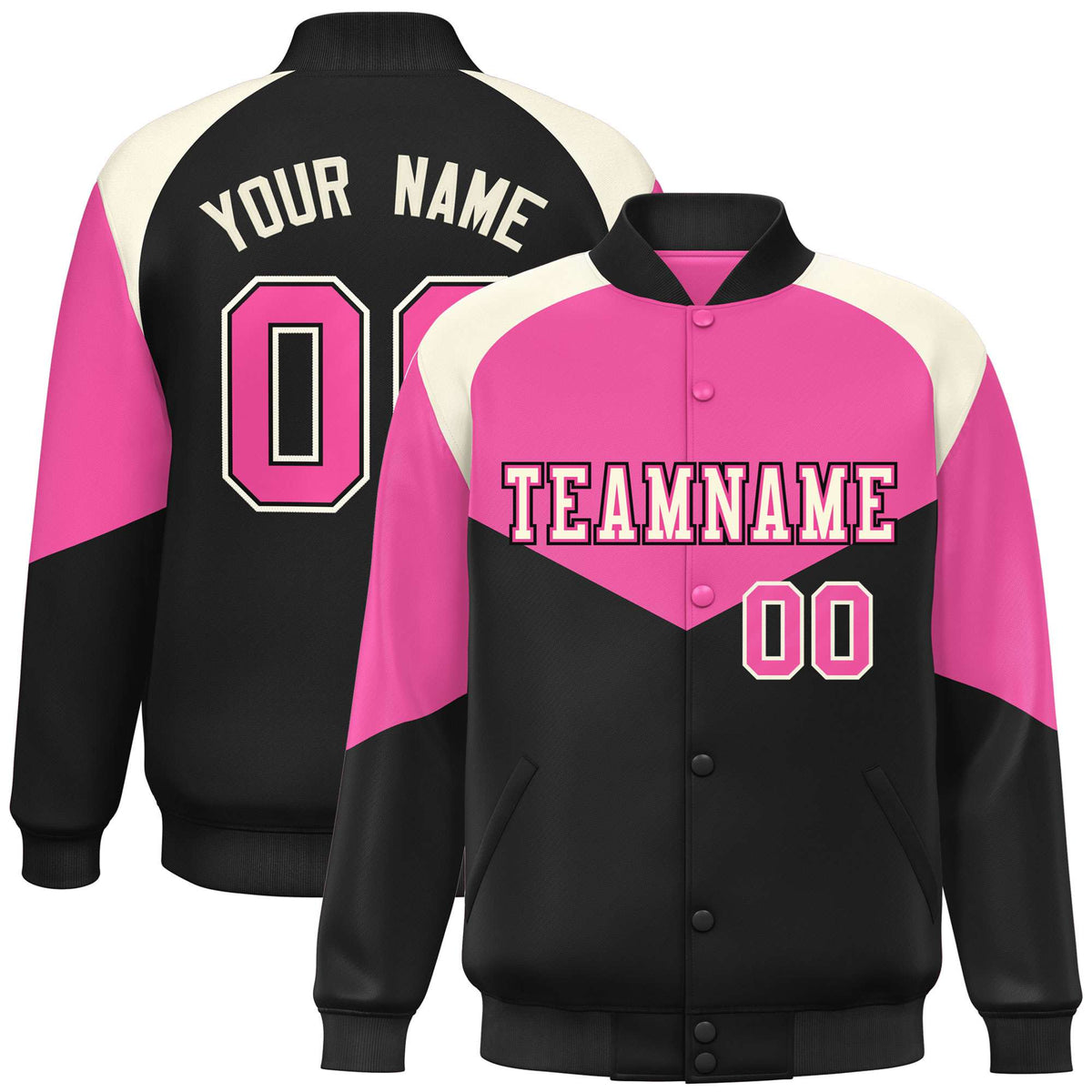 Custom Pink Black-Cream Varsity Full-Snap Color Block Letterman Jacket