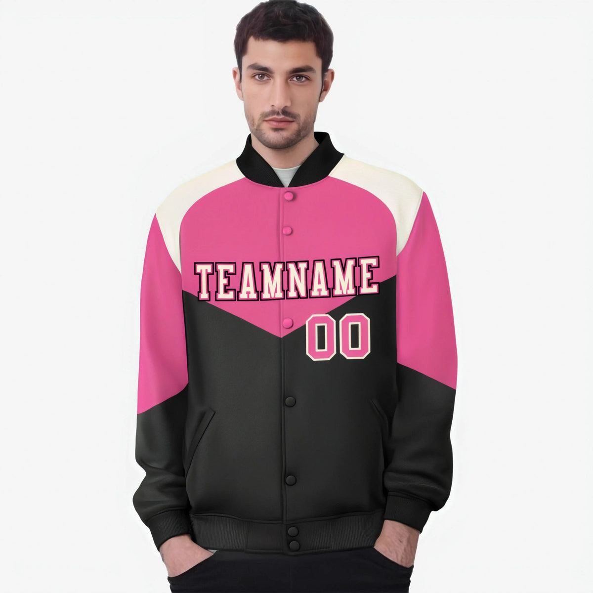 Custom Pink Black-Cream Varsity Full-Snap Color Block Letterman Jacket