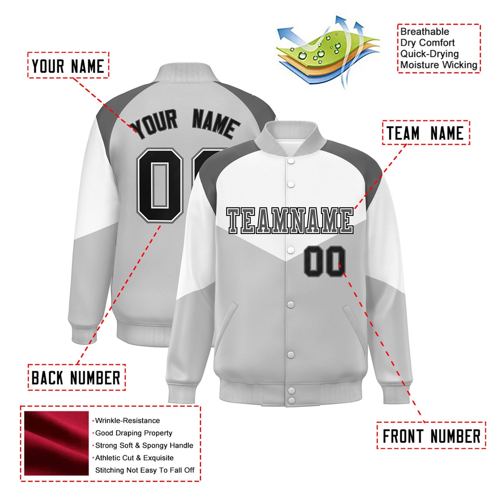 Custom White Gray-Dark Gray Varsity Full-Snap Color Block Letterman Jacket