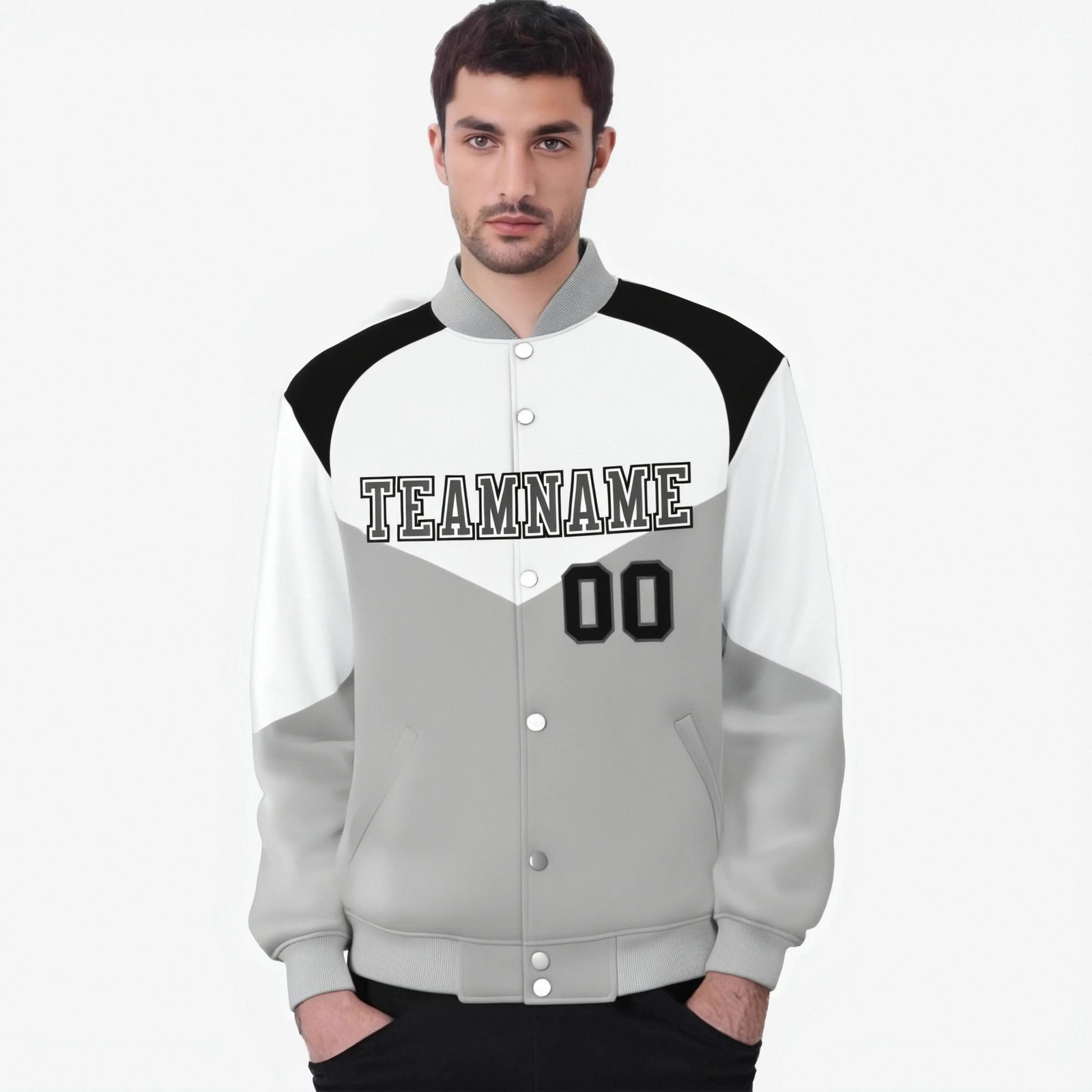 Custom White Gray-Dark Gray Varsity Full-Snap Color Block Letterman Jacket