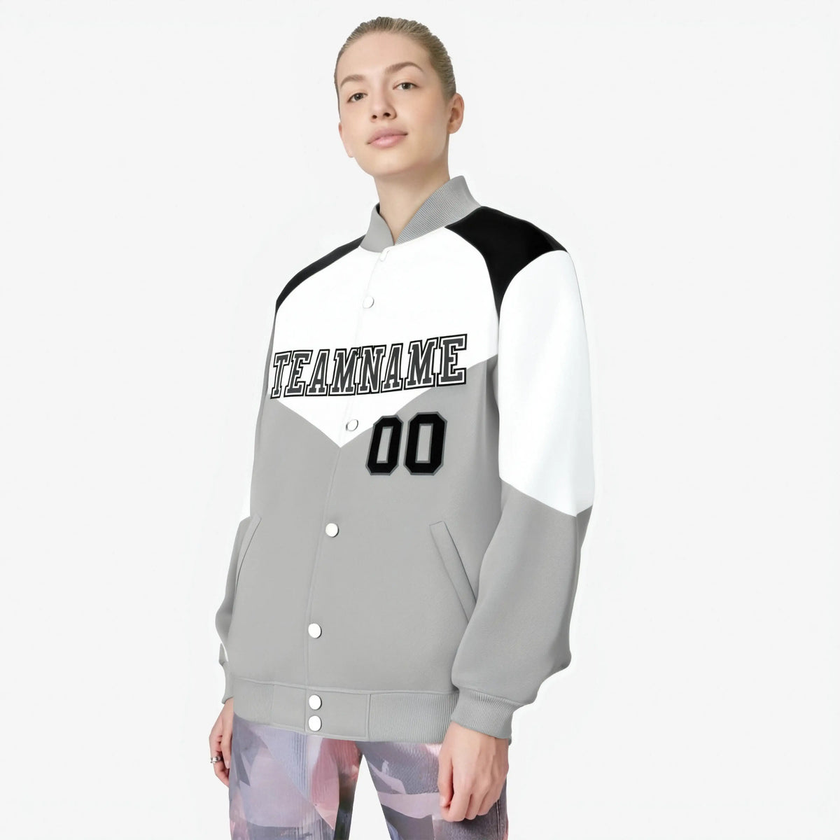 Custom White Gray-Dark Gray Varsity Full-Snap Color Block Letterman Jacket