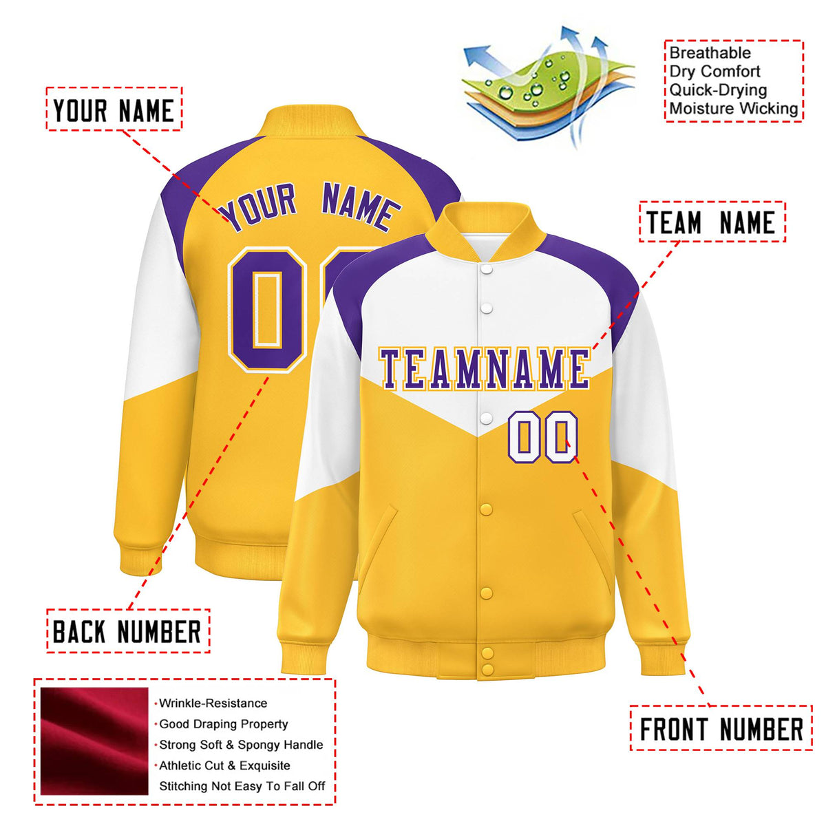 Custom White Gold-Purple Varsity Full-Snap Color Block Letterman Jacket