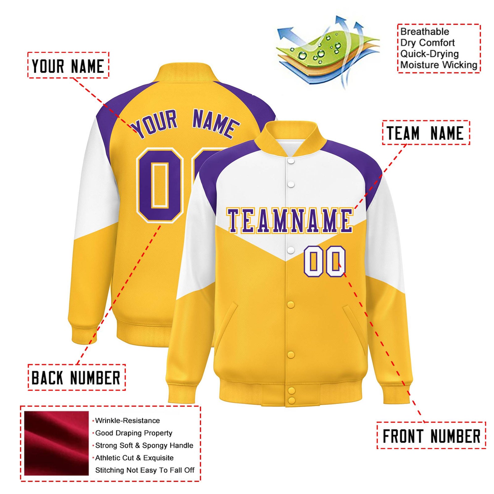 Custom White Gold-Purple Varsity Full-Snap Color Block Letterman Jacket