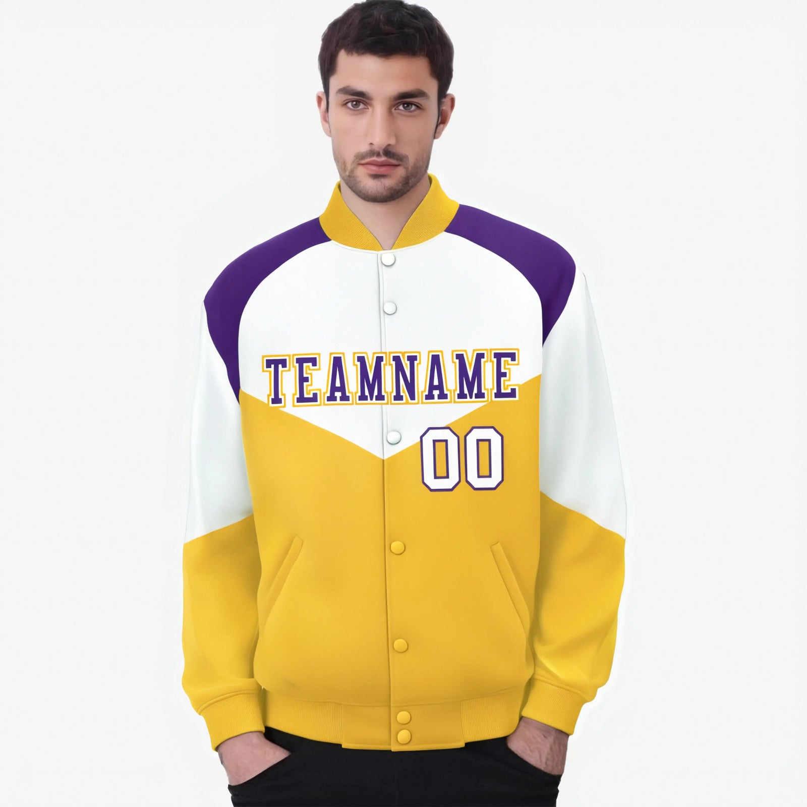 Custom White Gold-Purple Varsity Full-Snap Color Block Letterman Jacket