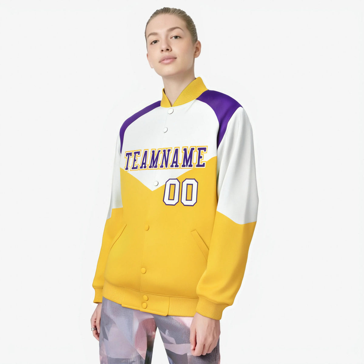 Custom White Gold-Purple Varsity Full-Snap Color Block Letterman Jacket