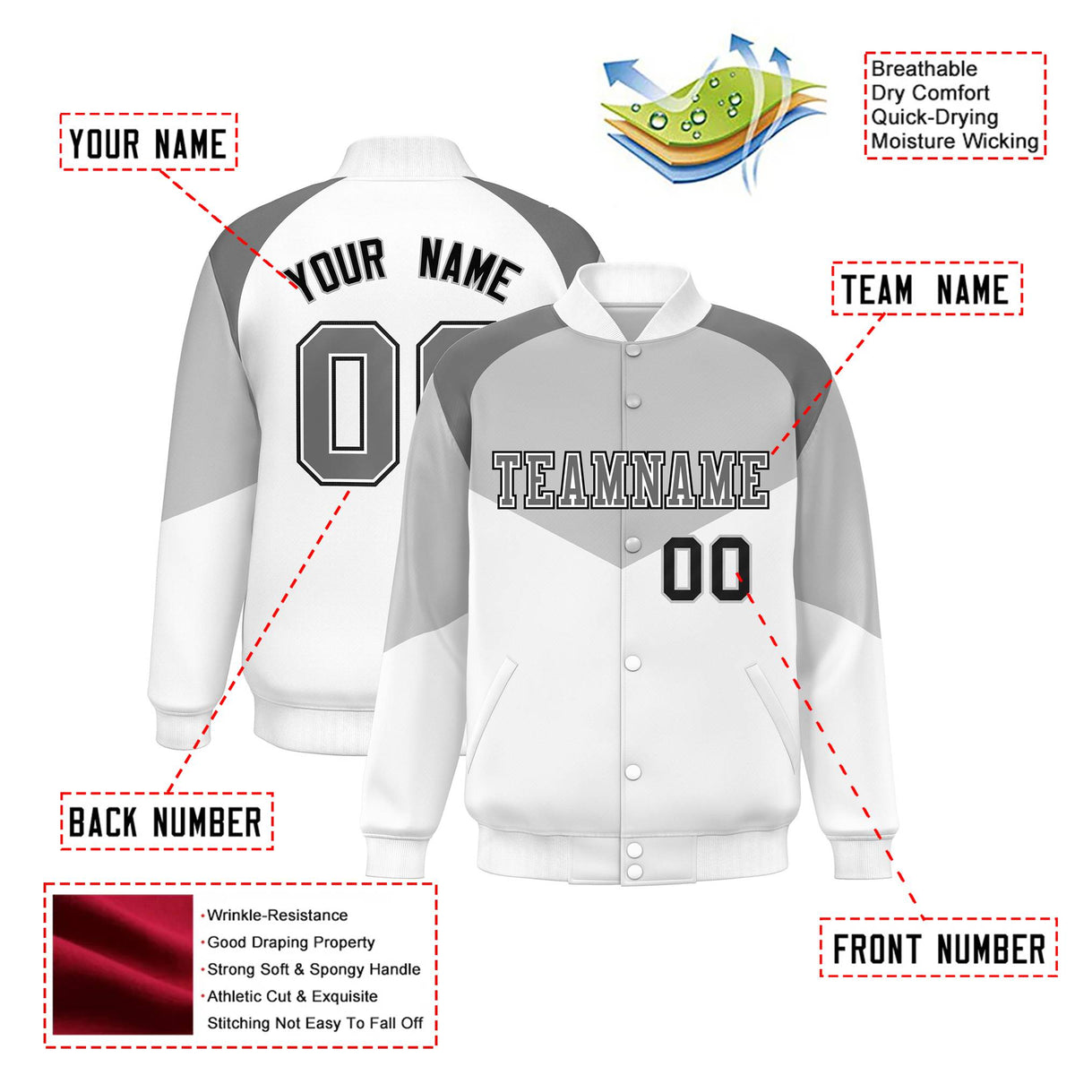 Custom Gray White-Dark Gray Varsity Full-Snap Color Block Letterman Jacket