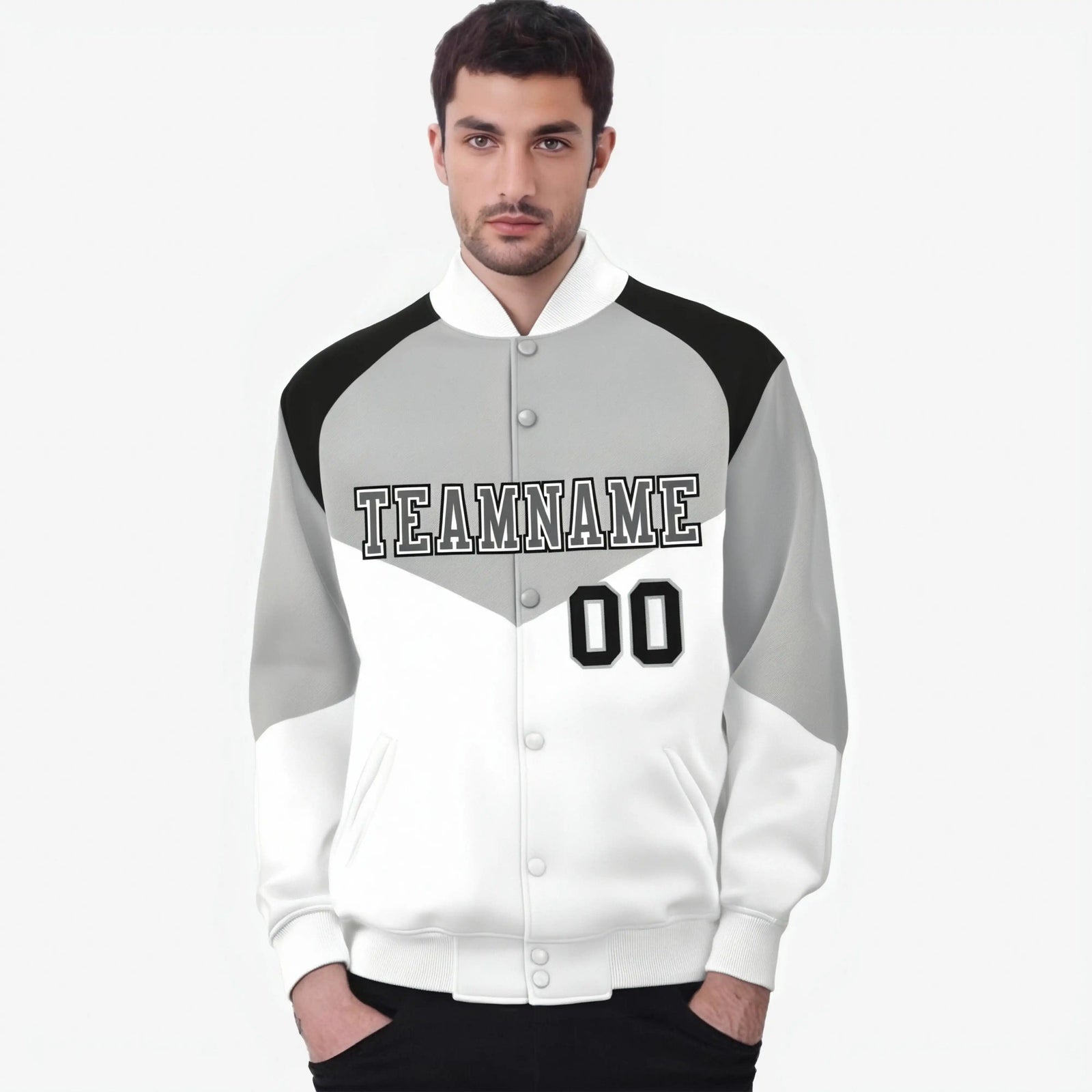 Custom Gray White-Dark Gray Varsity Full-Snap Color Block Letterman Jacket