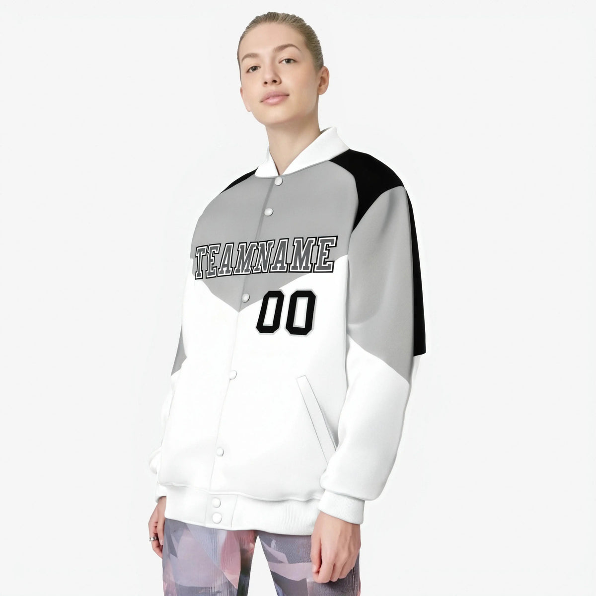 Custom Gray White-Dark Gray Varsity Full-Snap Color Block Letterman Jacket