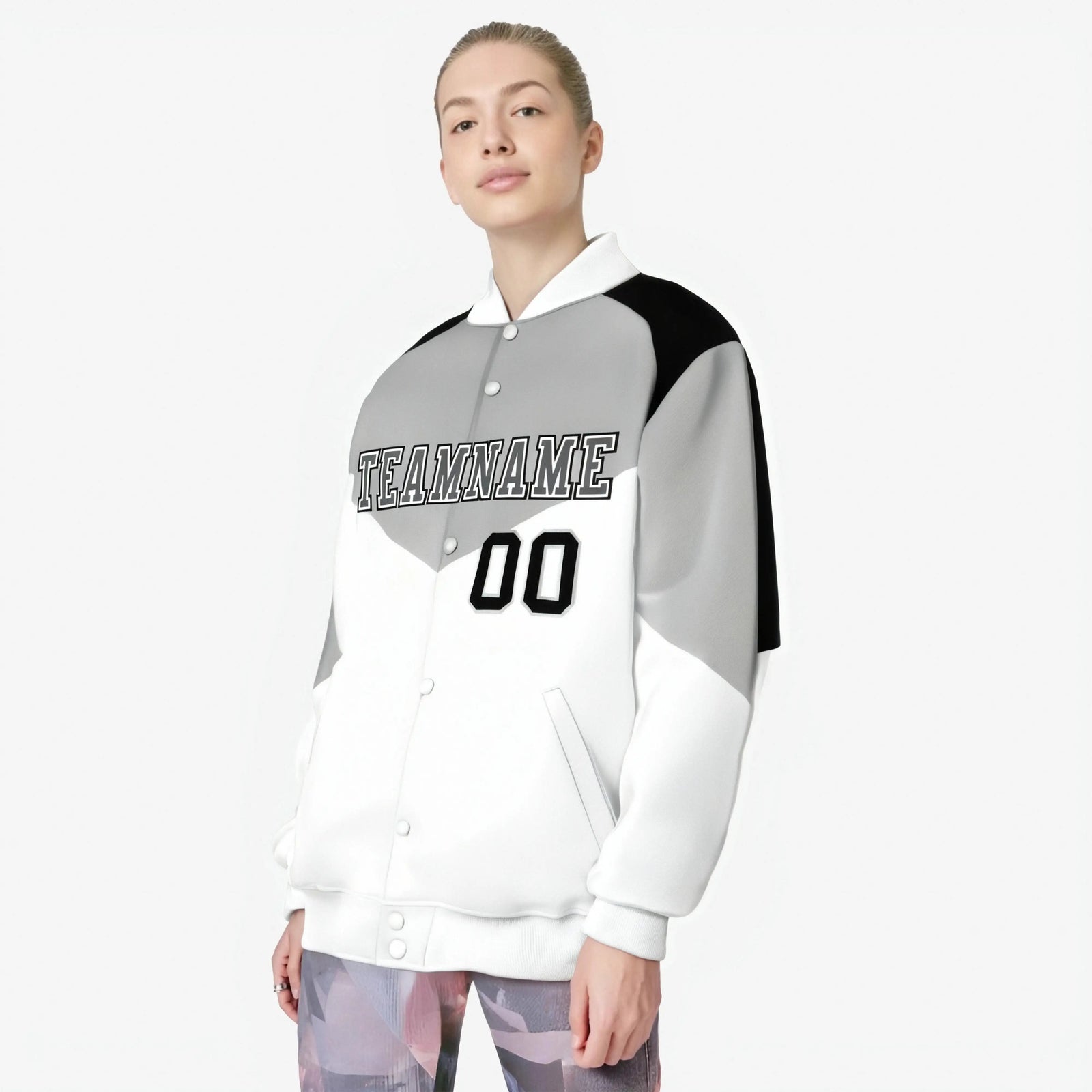 Custom Gray White-Dark Gray Varsity Full-Snap Color Block Letterman Jacket