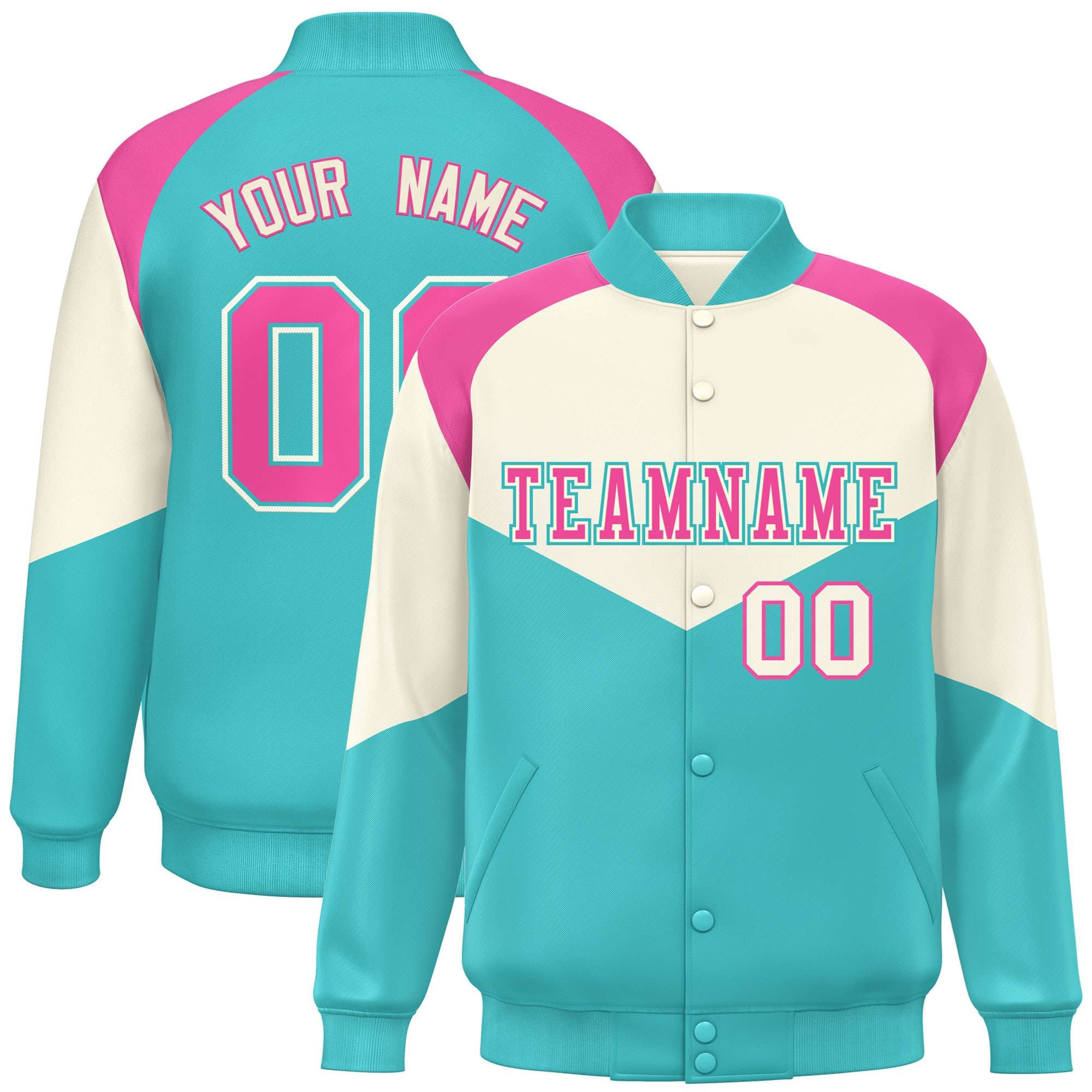 Custom Cream Aqua-Pink Gray Varsity Full-Snap Color Block Letterman Jacket