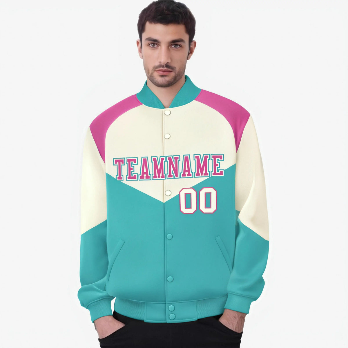 Custom Cream Aqua-Pink Gray Varsity Full-Snap Color Block Letterman Jacket