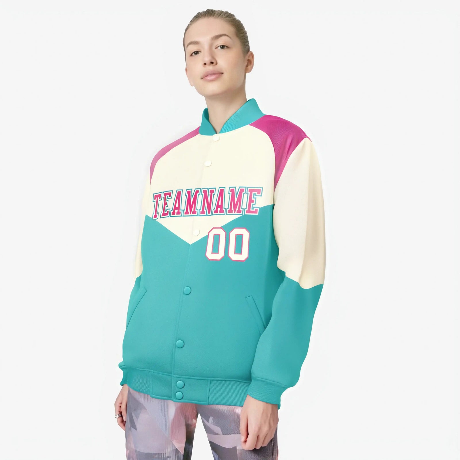 Custom Cream Aqua-Pink Gray Varsity Full-Snap Color Block Letterman Jacket