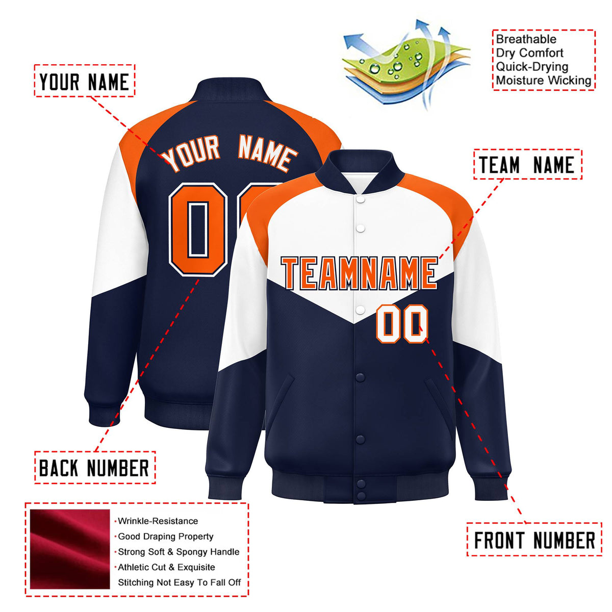 Custom White Navy-Orange Varsity Full-Snap Color Block Letterman Jacket