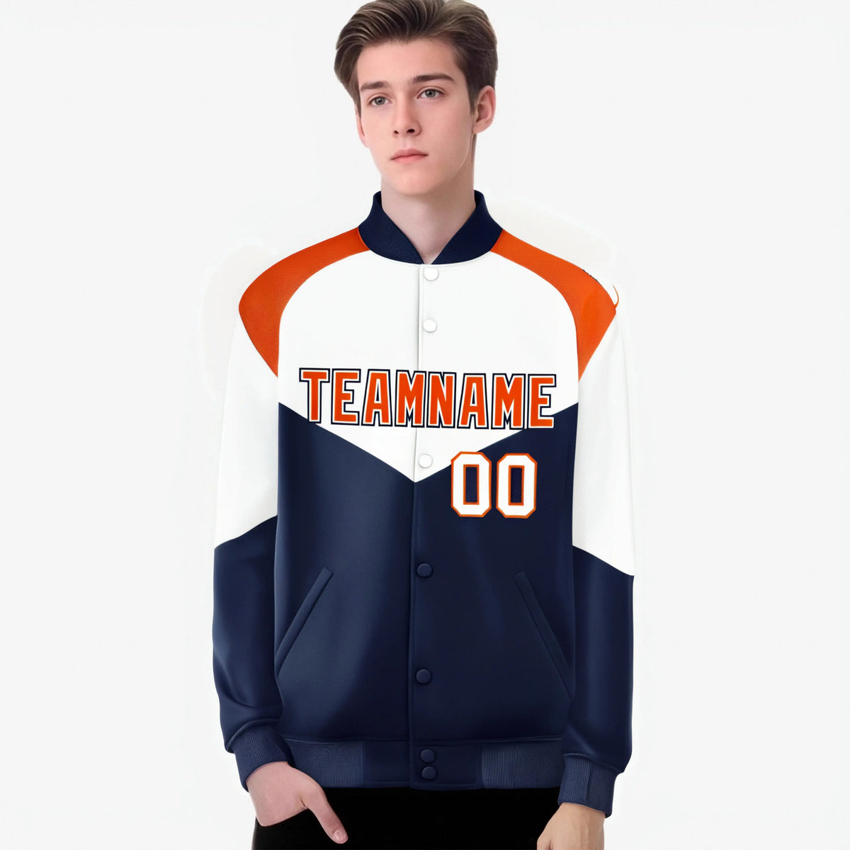 Custom White Navy-Orange Varsity Full-Snap Color Block Letterman Jacket