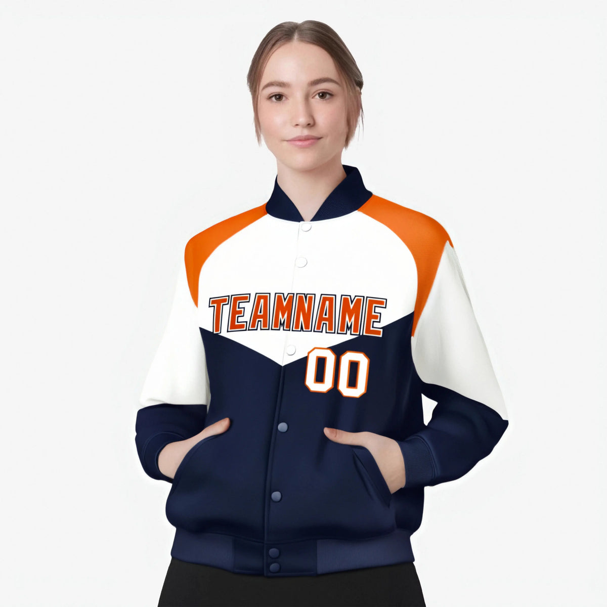 Custom White Navy-Orange Varsity Full-Snap Color Block Letterman Jacket