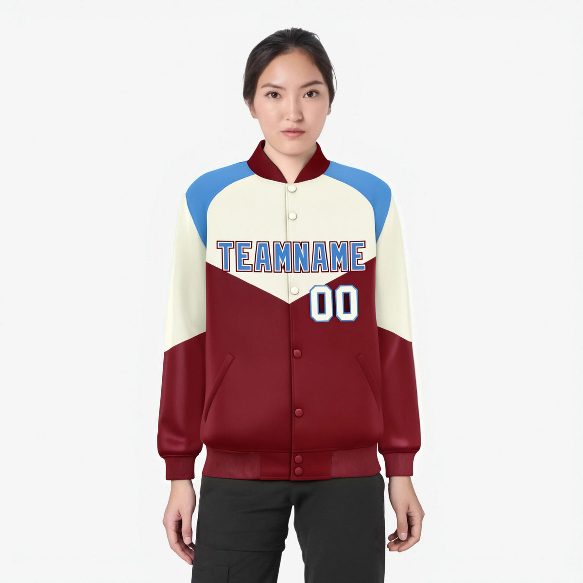 Custom Cream Crimson-Powder Blue Varsity Full-Snap Color Block Letterman Jacket