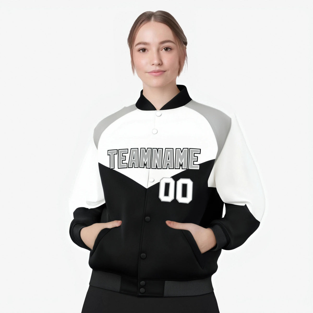 Custom White Black-Gray Varsity Full-Snap Color Block Letterman Jacket