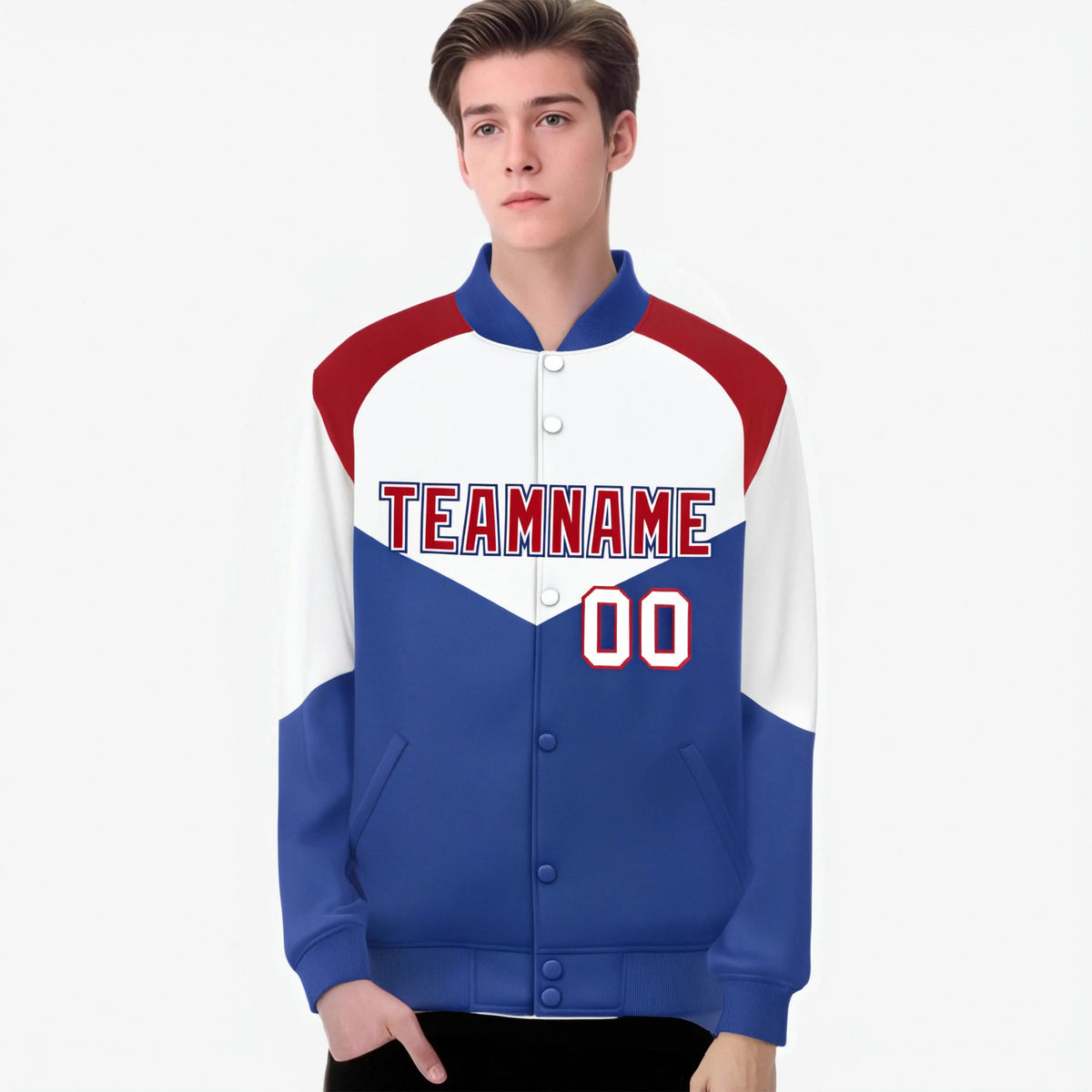 Custom White Royal Blue-Red Varsity Full-Snap Color Block Letterman Jacket