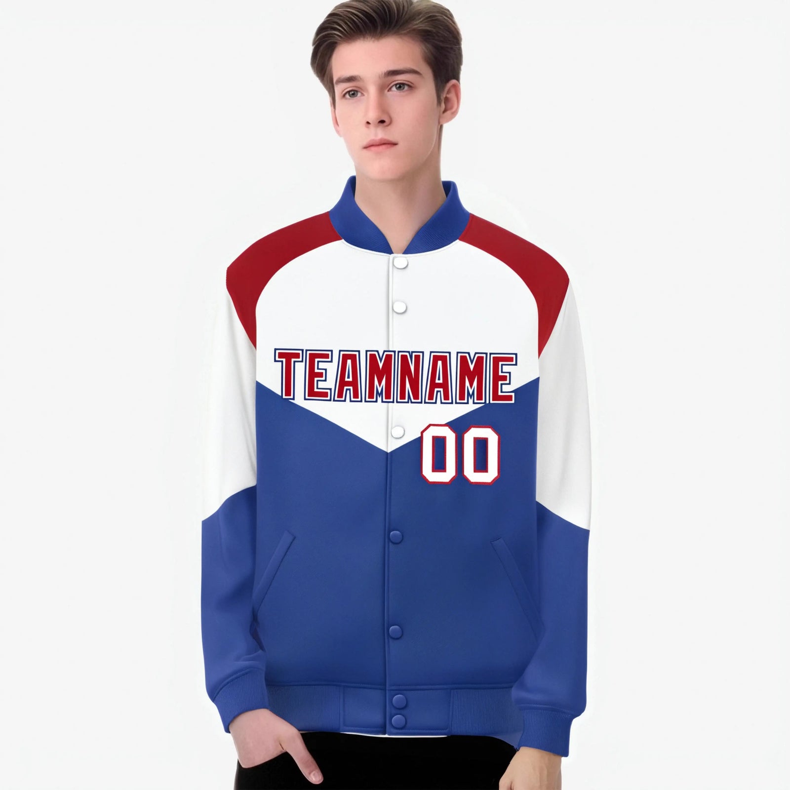 Custom White Royal Blue-Red Varsity Full-Snap Color Block Letterman Jacket
