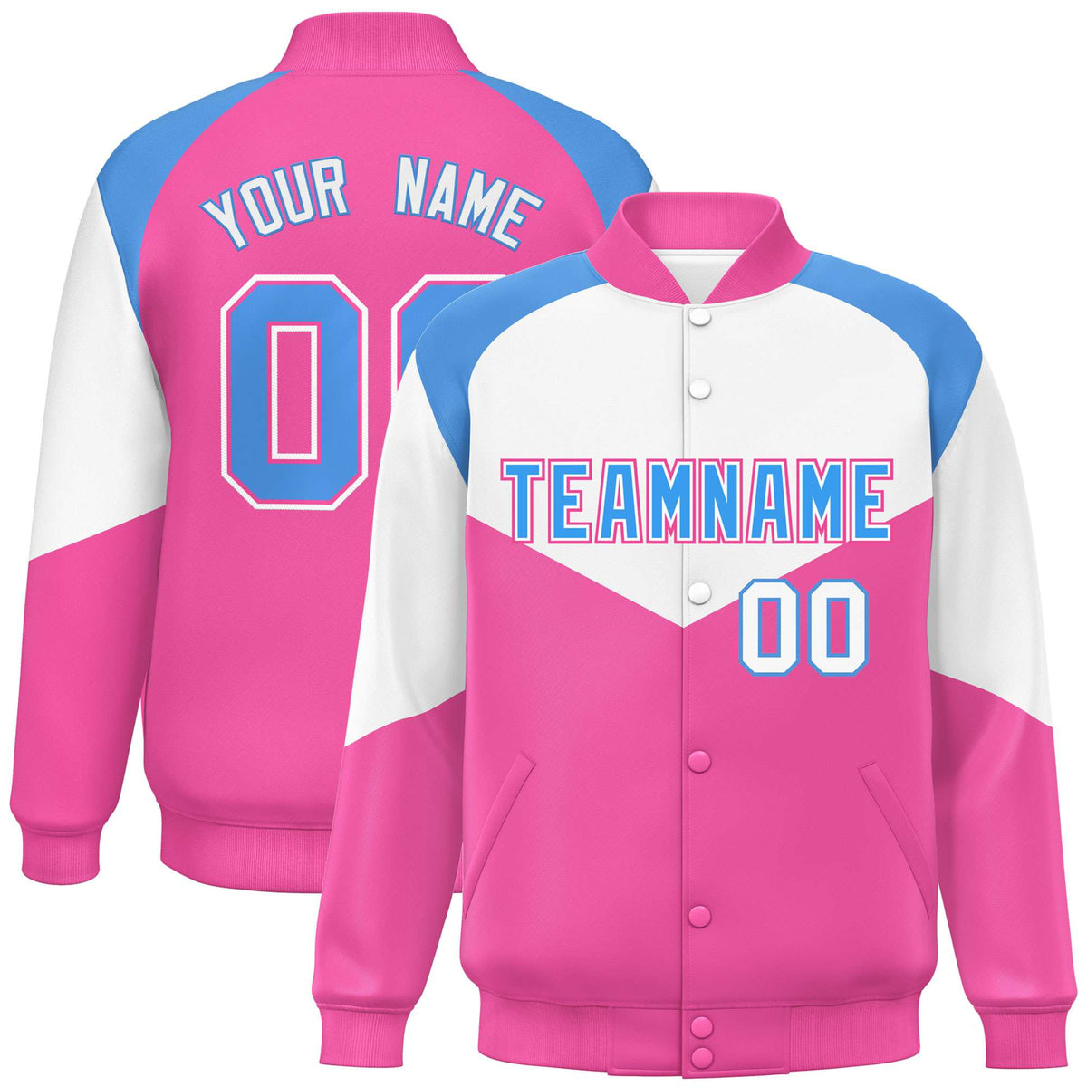 Custom White Pink-Powder Blue Varsity Full-Snap Color Block Letterman Jacket