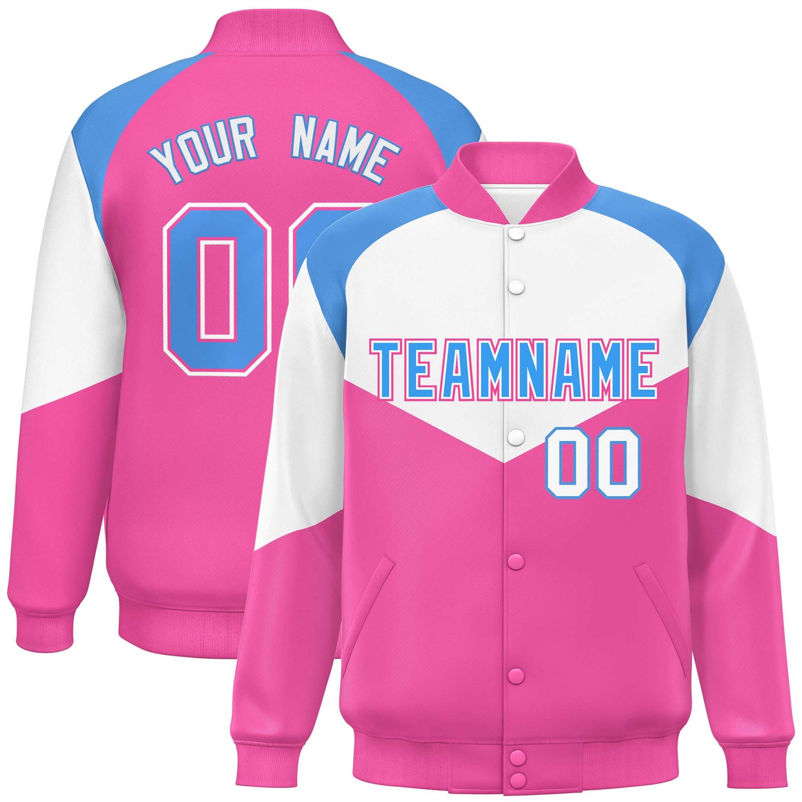 Custom White Pink-Powder Blue Varsity Full-Snap Color Block Letterman Jacket
