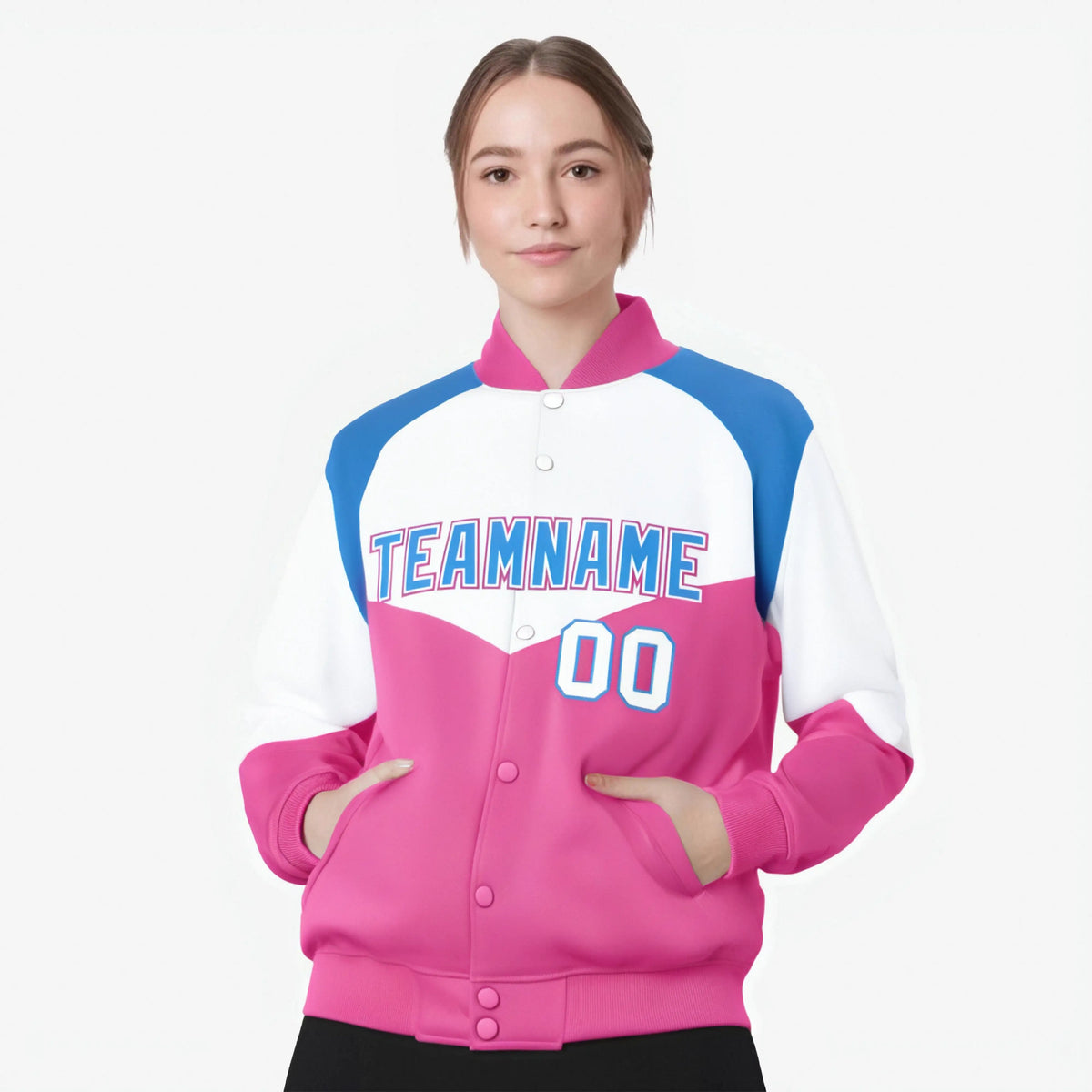 Custom White Pink-Powder Blue Varsity Full-Snap Color Block Letterman Jacket