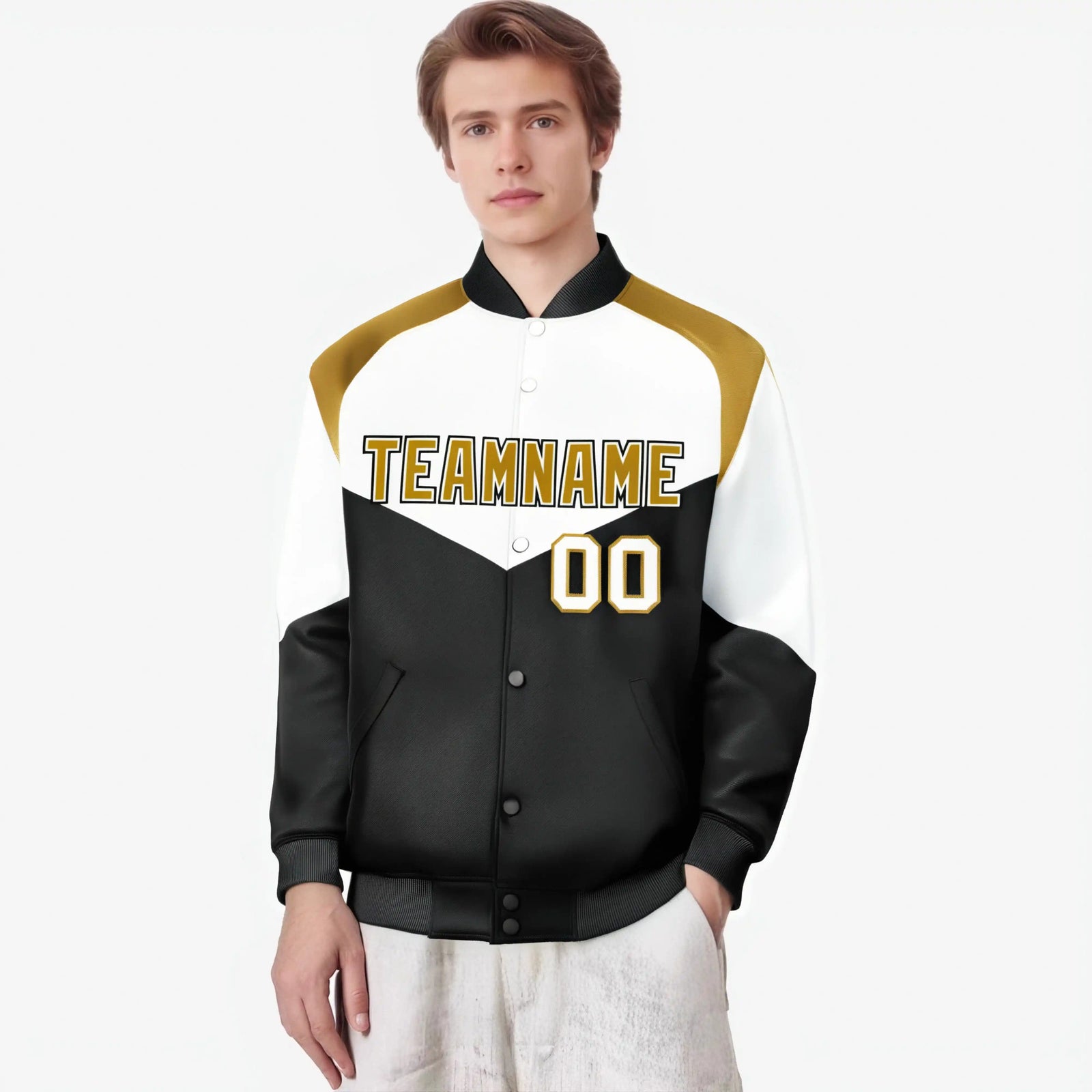 Custom White Black-Old Gold Varsity Full-Snap Color Block Letterman Jacket