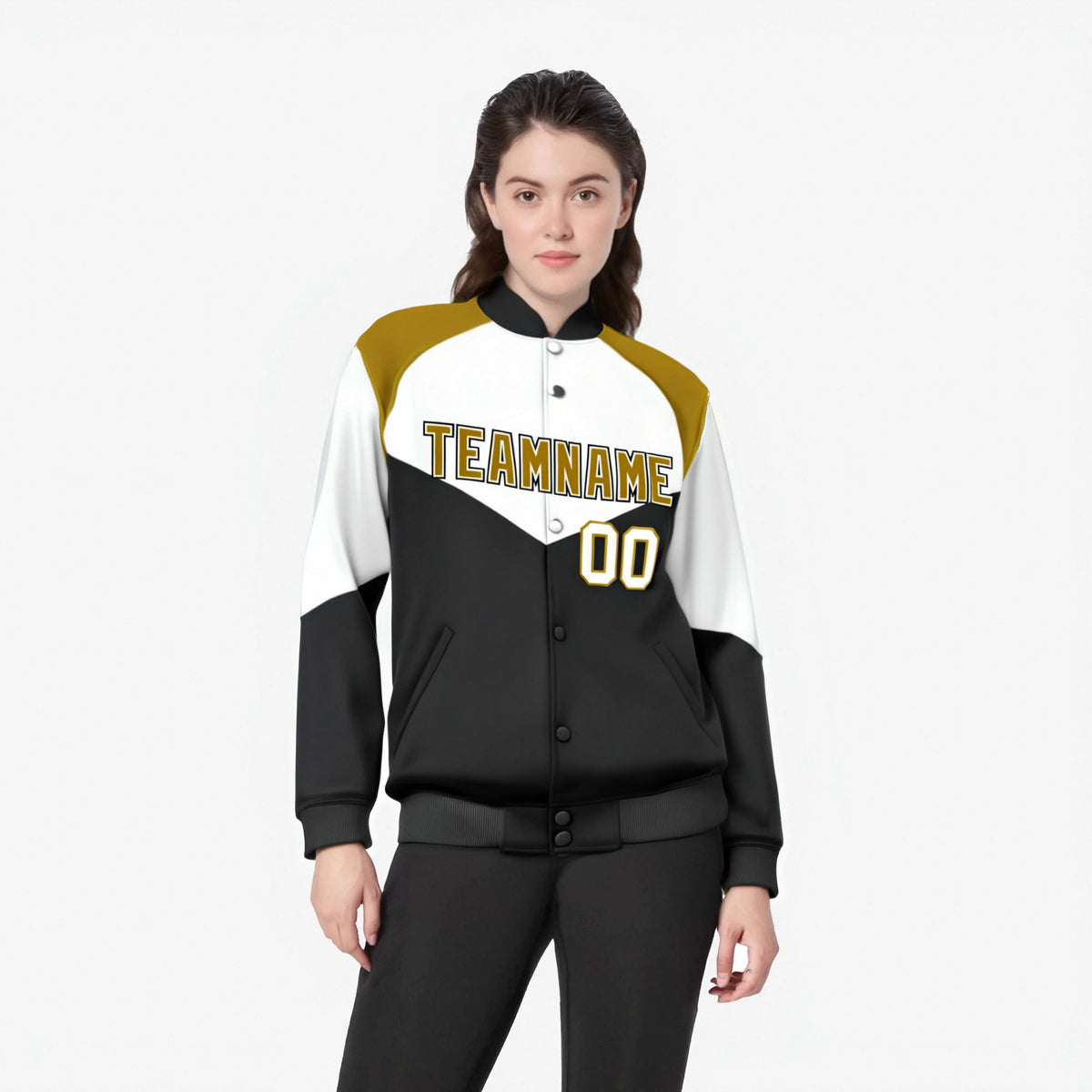 Custom White Black-Old Gold Varsity Full-Snap Color Block Letterman Jacket