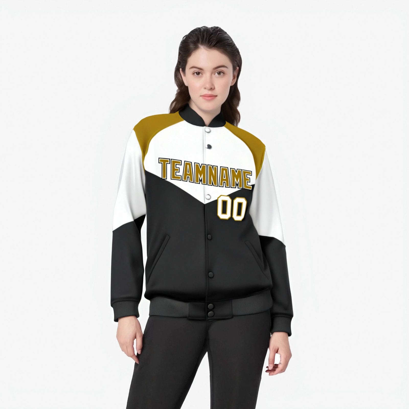 Custom White Black-Old Gold Varsity Full-Snap Color Block Letterman Jacket