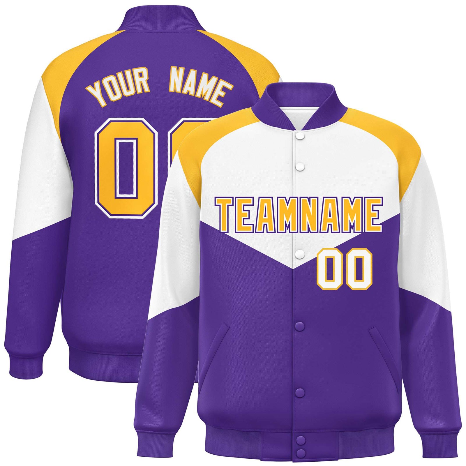 Custom White Purple-Gold Varsity Full-Snap Color Block Letterman Jacket