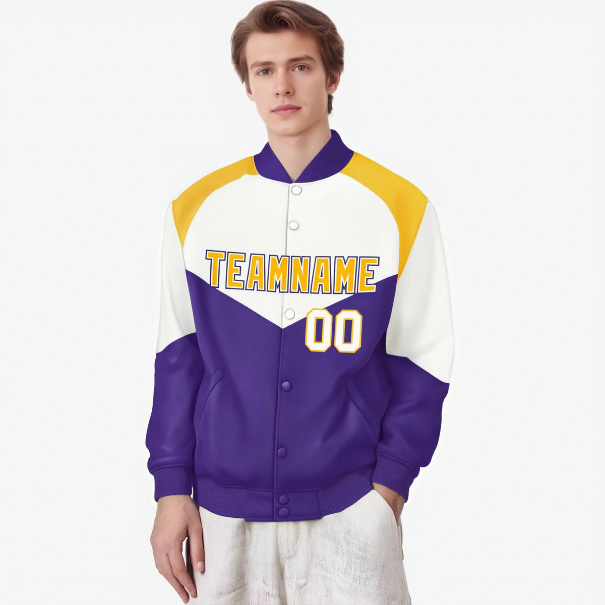 Custom White Purple-Gold Varsity Full-Snap Color Block Letterman Jacket