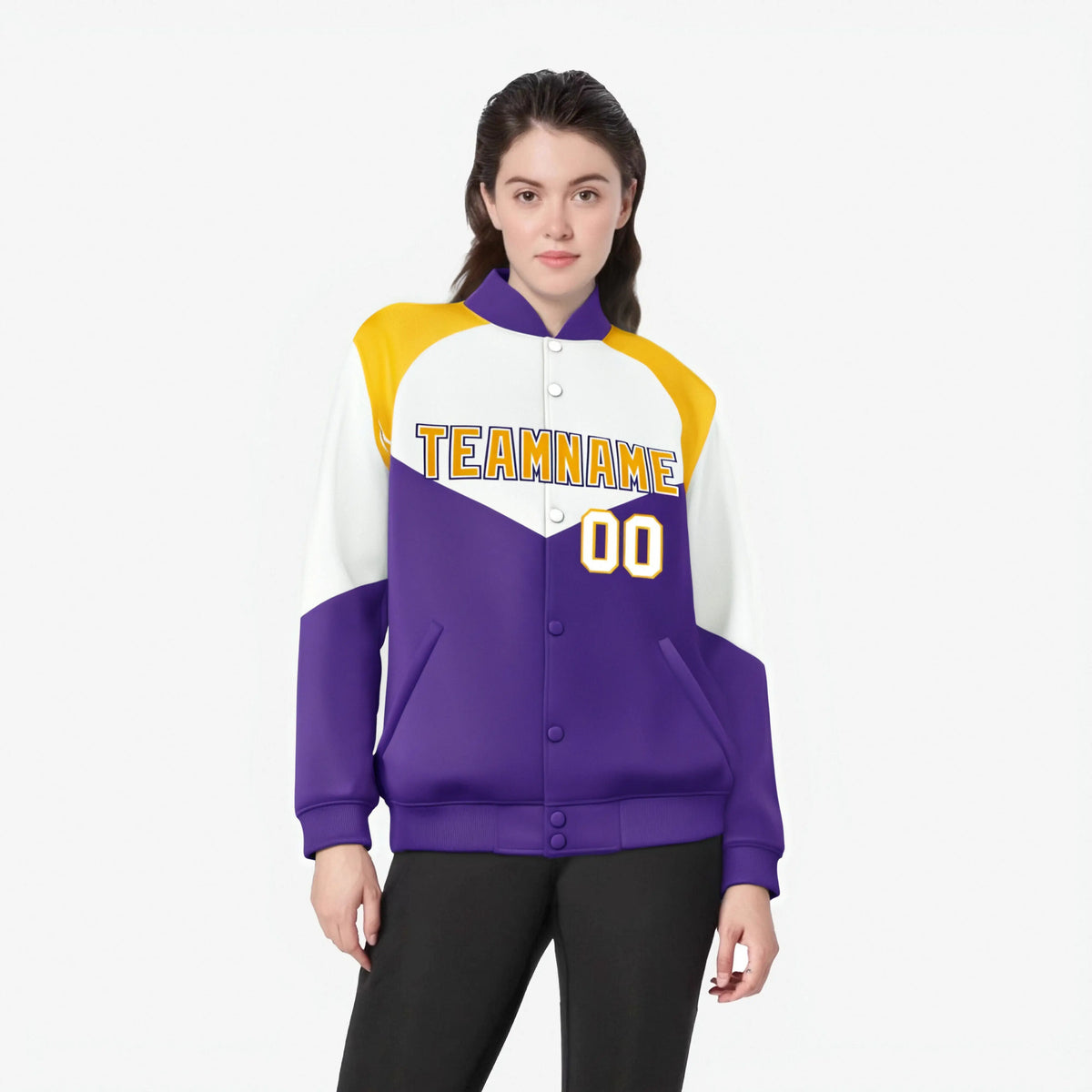 Custom White Purple-Gold Varsity Full-Snap Color Block Letterman Jacket