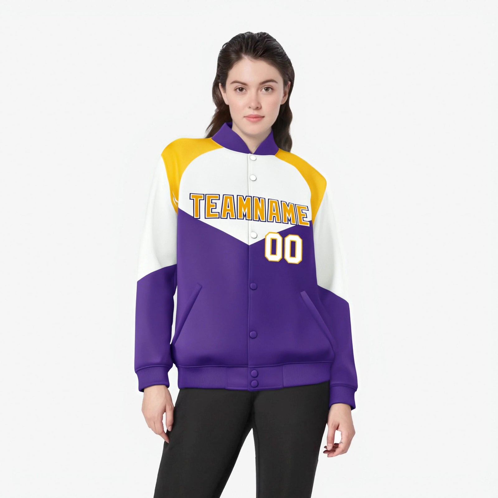 Custom White Purple-Gold Varsity Full-Snap Color Block Letterman Jacket