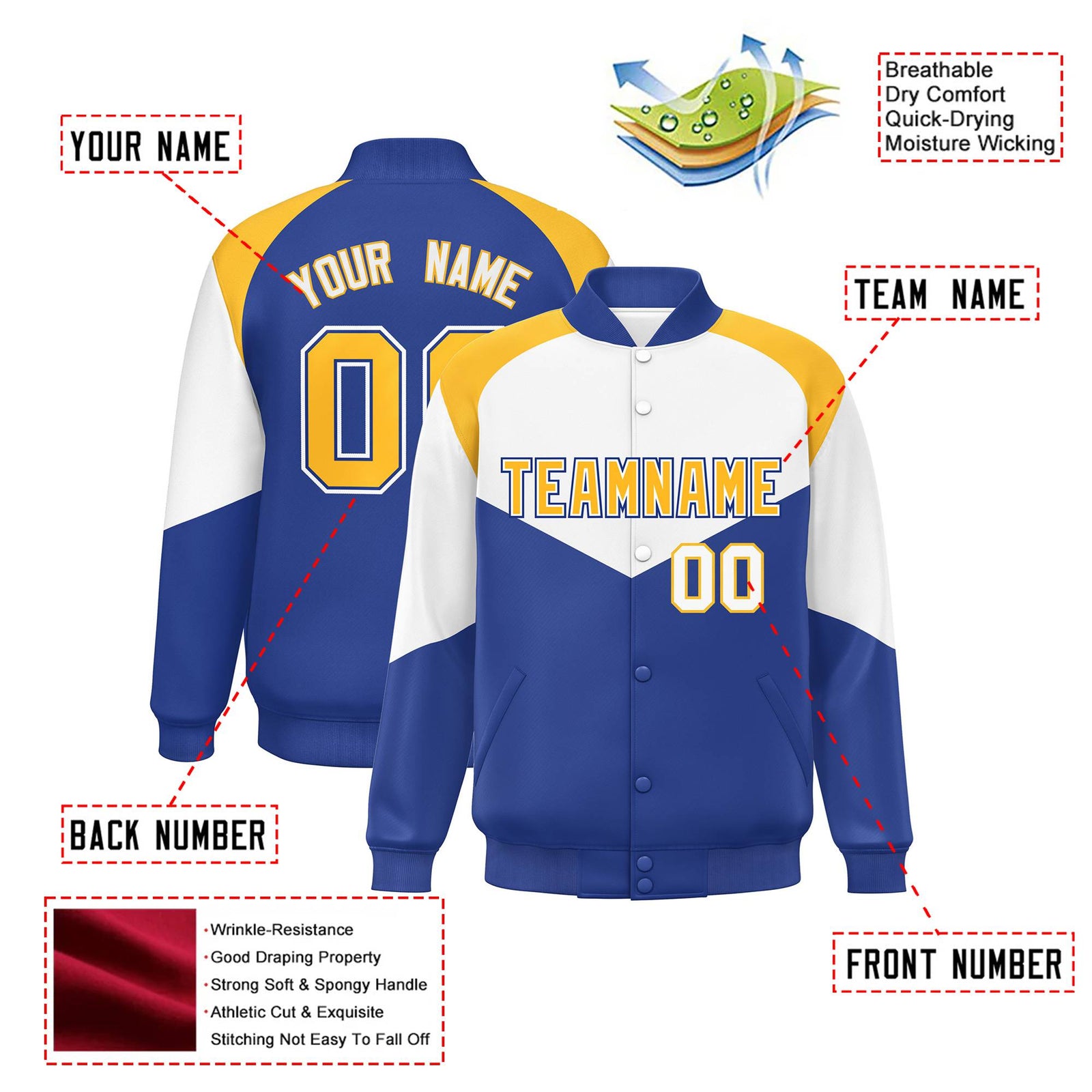 Custom White Royal Blue-Gold Varsity Full-Snap Color Block Letterman Jacket
