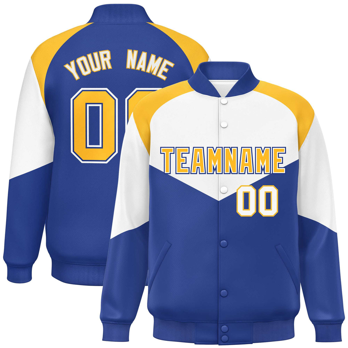 Custom White Royal Blue-Gold Varsity Full-Snap Color Block Letterman Jacket
