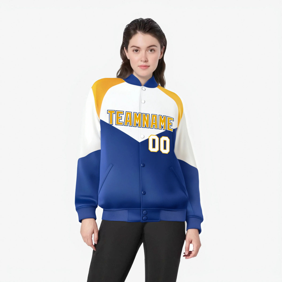 Custom White Royal Blue-Gold Varsity Full-Snap Color Block Letterman Jacket
