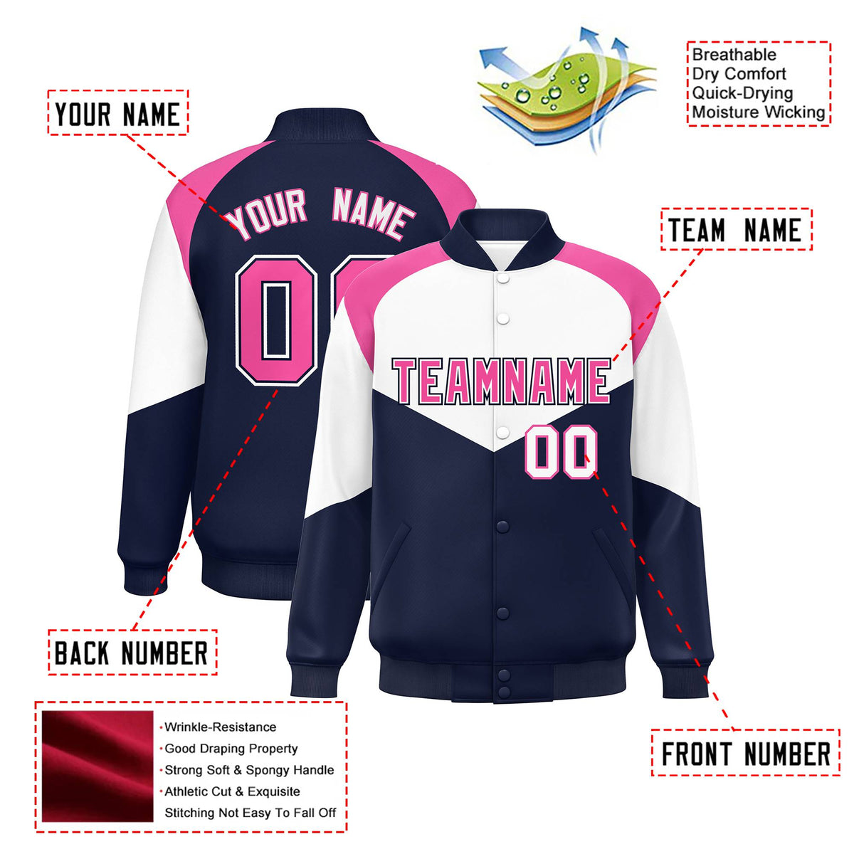Custom White Navy-Pink Varsity Full-Snap Color Block Letterman Jacket