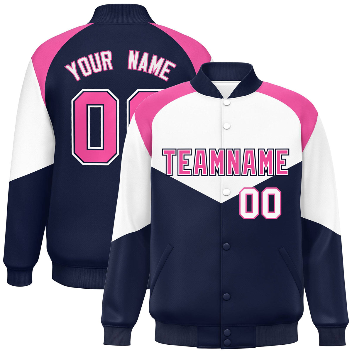 Custom White Navy-Pink Varsity Full-Snap Color Block Letterman Jacket