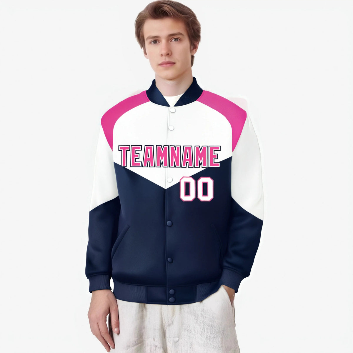 Custom White Navy-Pink Varsity Full-Snap Color Block Letterman Jacket