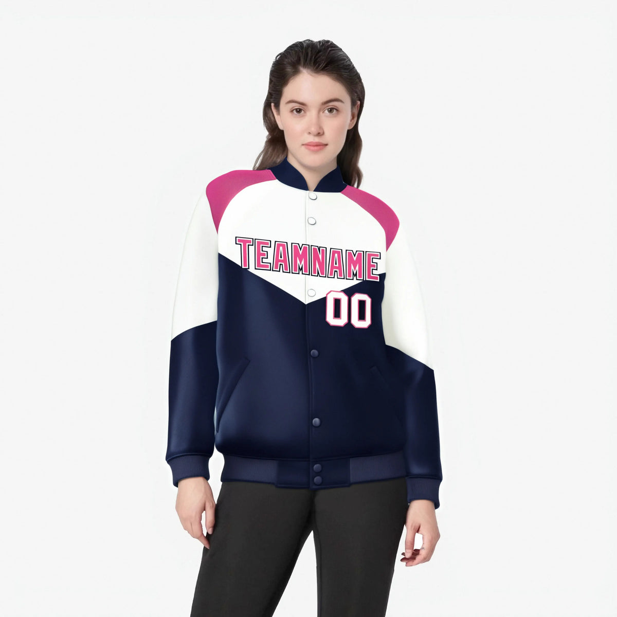 Custom White Navy-Pink Varsity Full-Snap Color Block Letterman Jacket