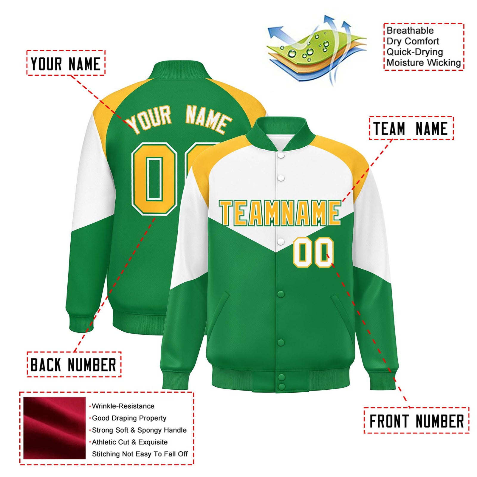 Custom White Kelly Green-Gold Varsity Full-Snap Color Block Letterman Jacket