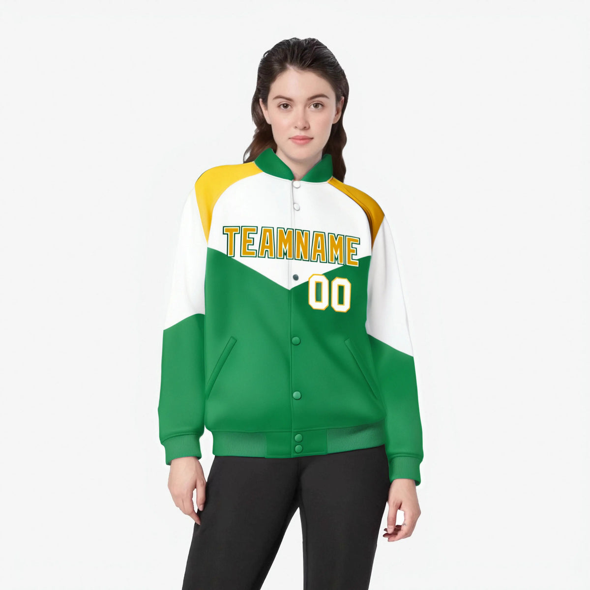 Custom White Kelly Green-Gold Varsity Full-Snap Color Block Letterman Jacket