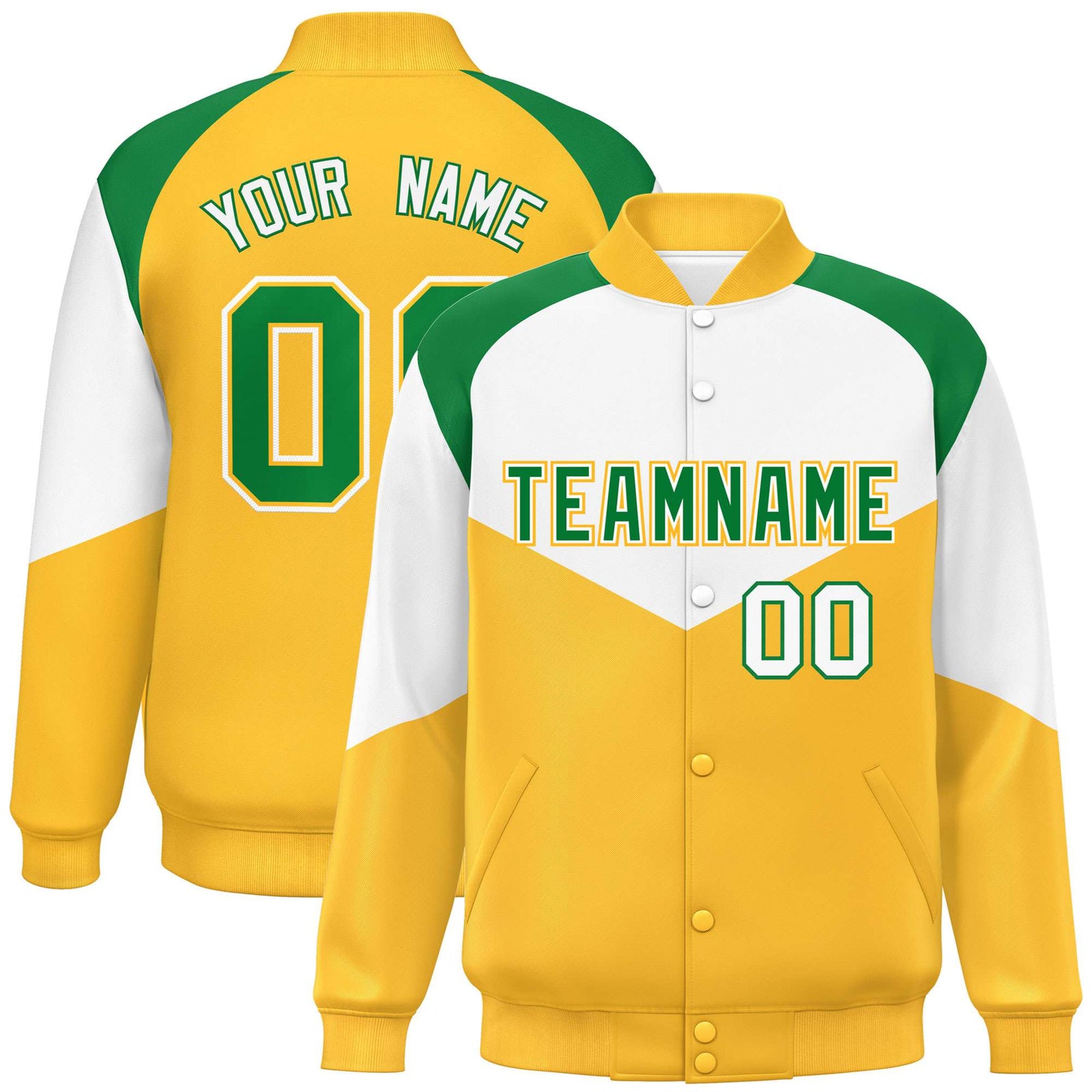 Custom White Gold-Kelly Green Varsity Full-Snap Color Block Letterman Jacket