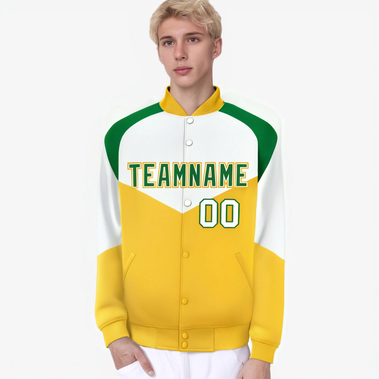 Custom White Gold-Kelly Green Varsity Full-Snap Color Block Letterman Jacket