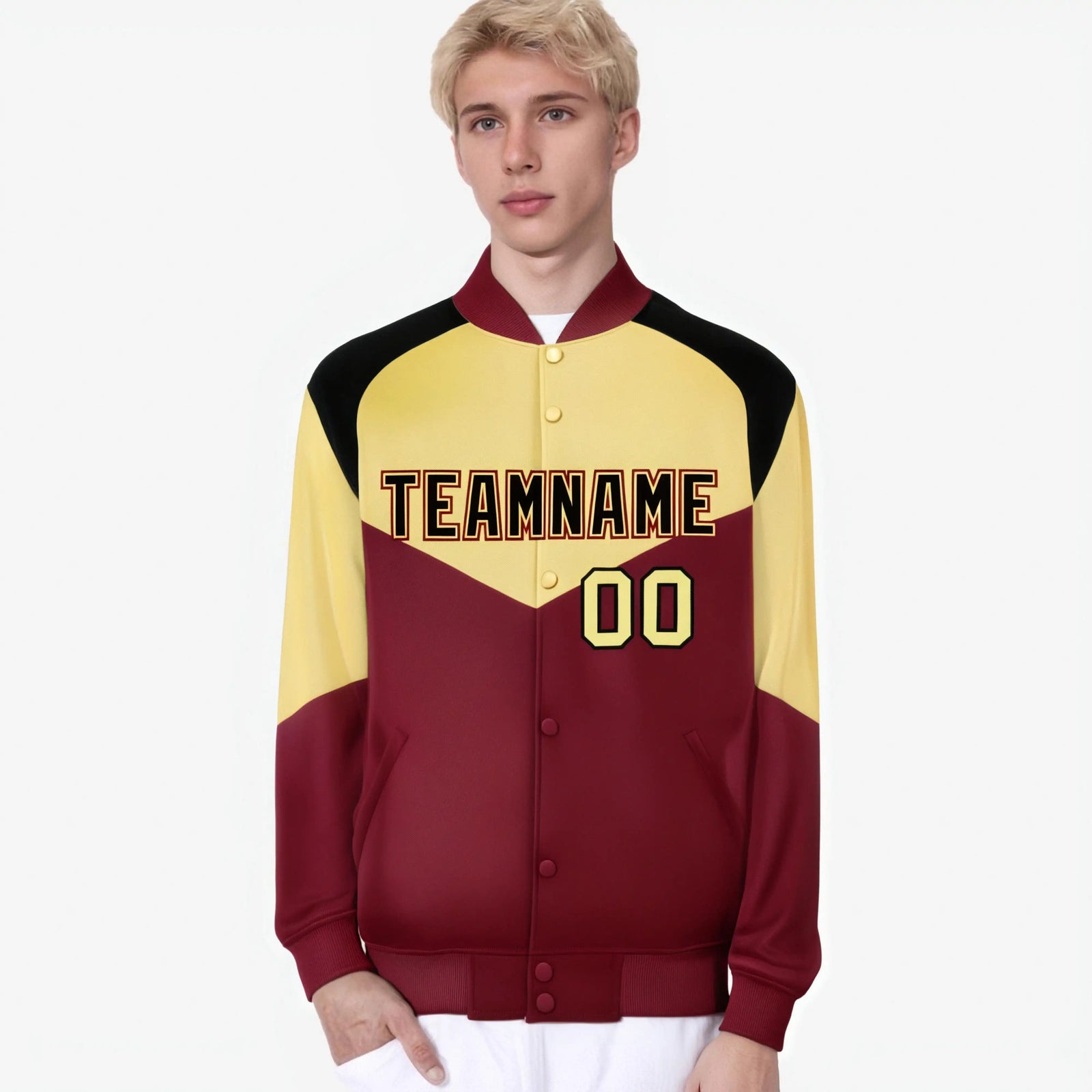 Custom Khaki Crimson-Black Varsity Full-Snap Color Block Letterman Jacket