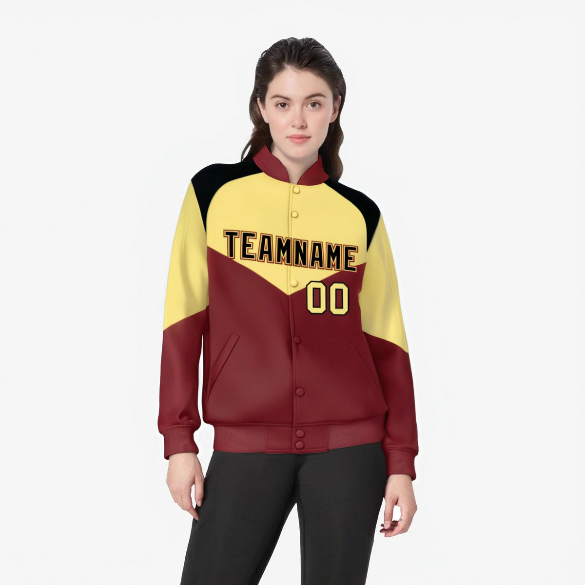 Custom Khaki Crimson-Black Varsity Full-Snap Color Block Letterman Jacket