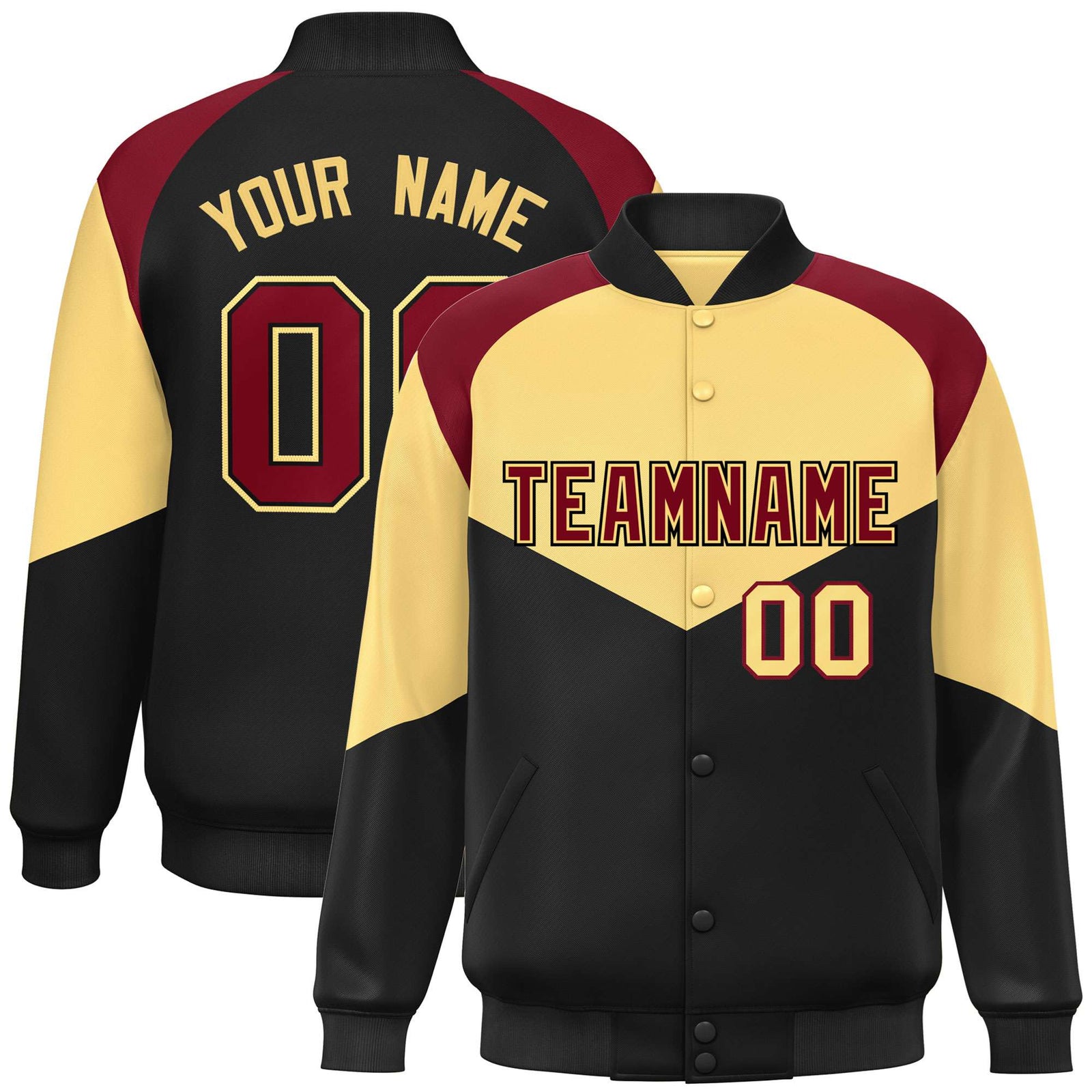 Custom Khaki Black-Crimson Green Varsity Full-Snap Color Block Letterman Jacket