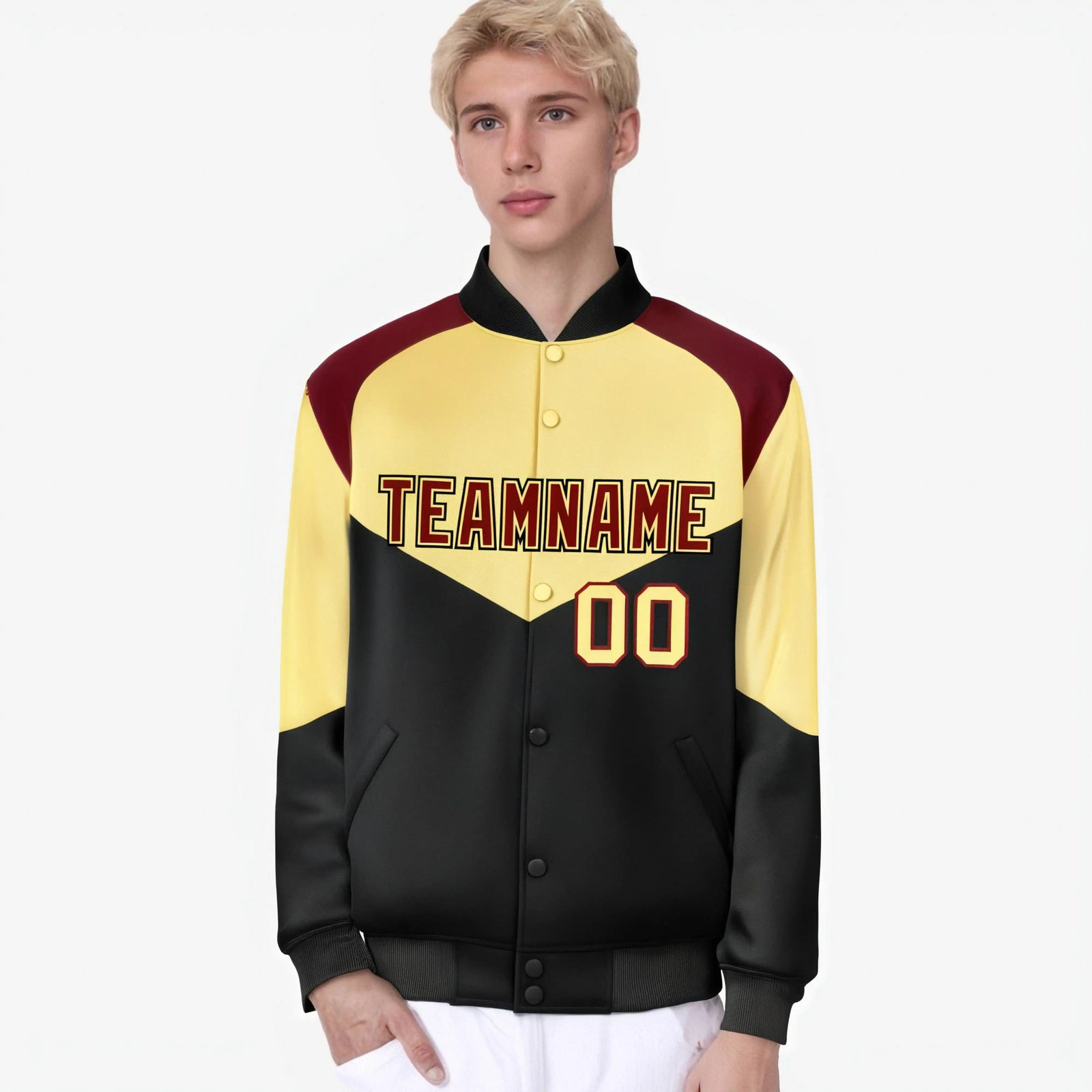 Custom Khaki Black-Crimson Green Varsity Full-Snap Color Block Letterman Jacket