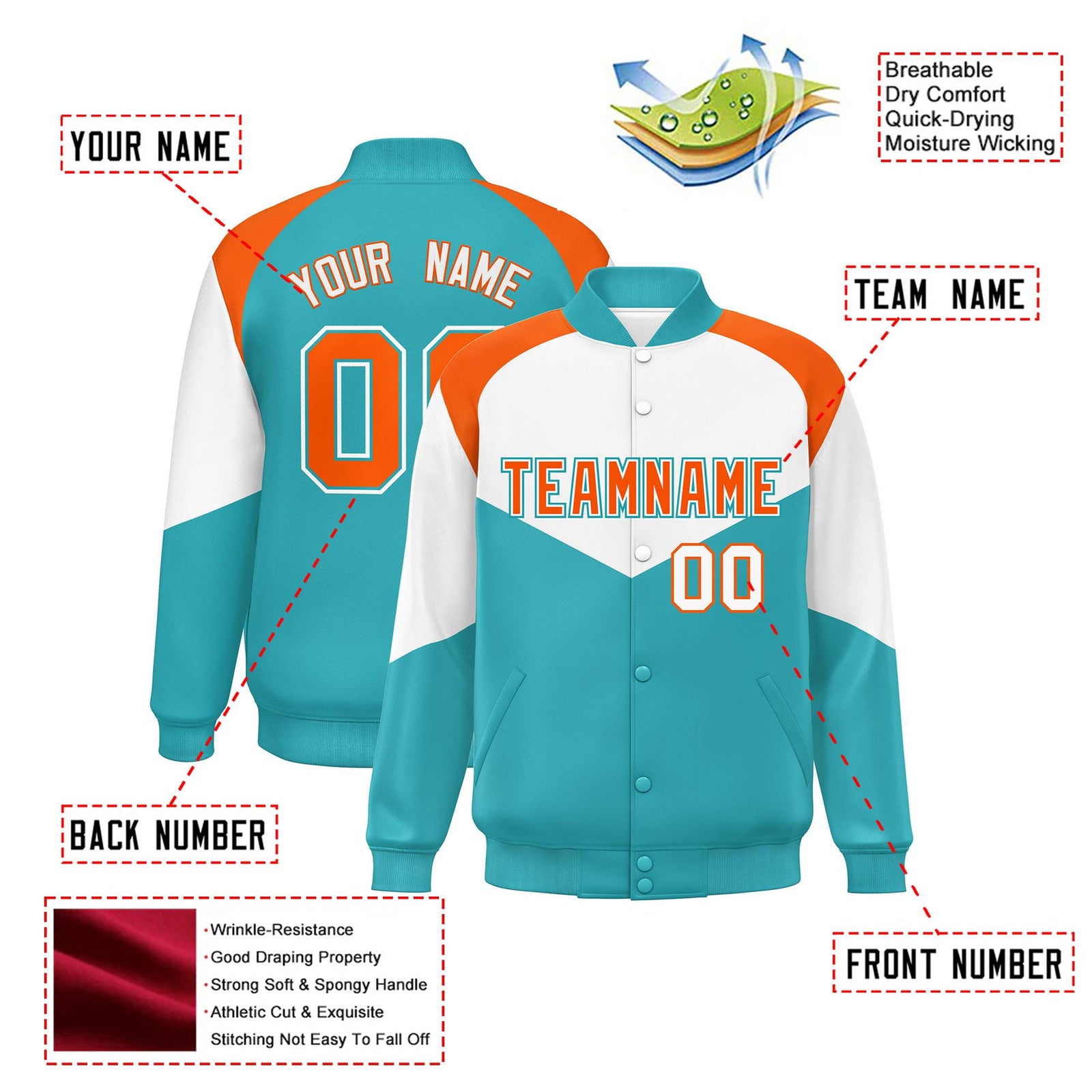 Custom White Aqua-Orange Varsity Full-Snap Color Block Letterman Jacket